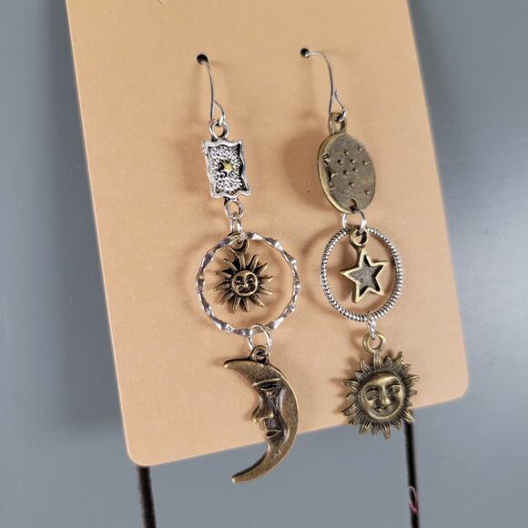 Sun Moon Star Dangle Earrings Celestial Bronze Silver Tone Drop Boho Jewelry - Picture 7 of 10
